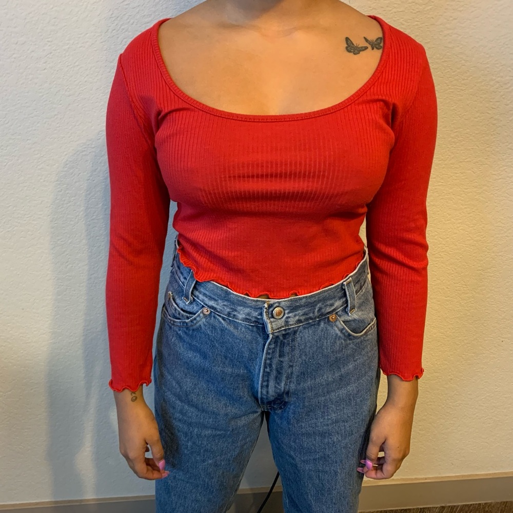 Red Cropped top. Robbed Fit. Lettuce Trim Crop Tee